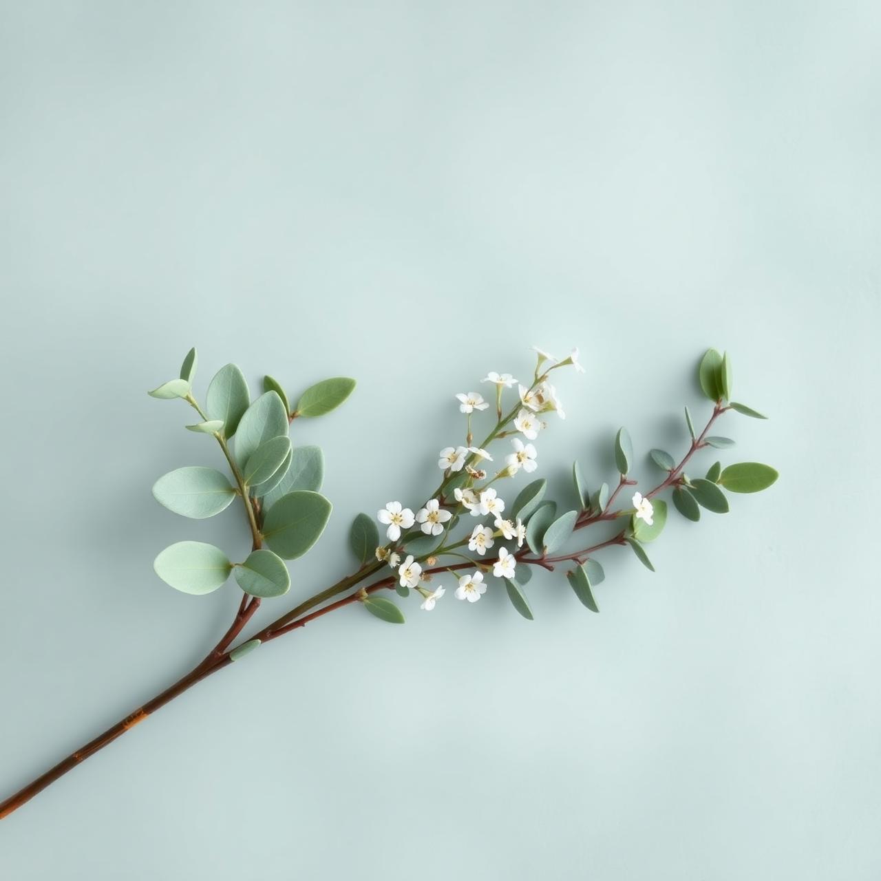Ramita de eucalipto y pequeñas flores blancas sobre fondo verde suave